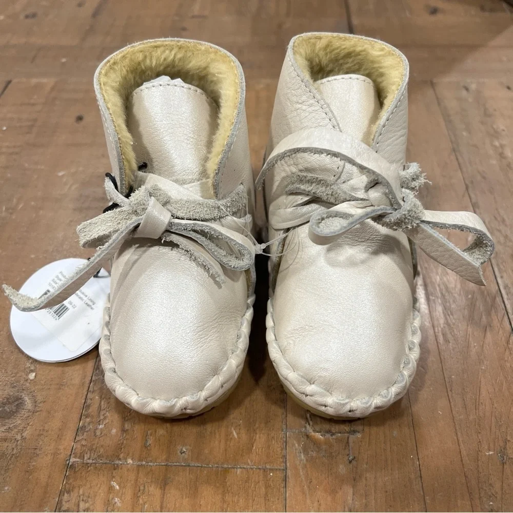 Donsje Amsterdam Pina Leather Boots 18-24 Months Metallic Off White Faux Fur